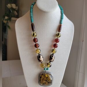 Faux Green Baltic Amber Pendant Statement Necklace